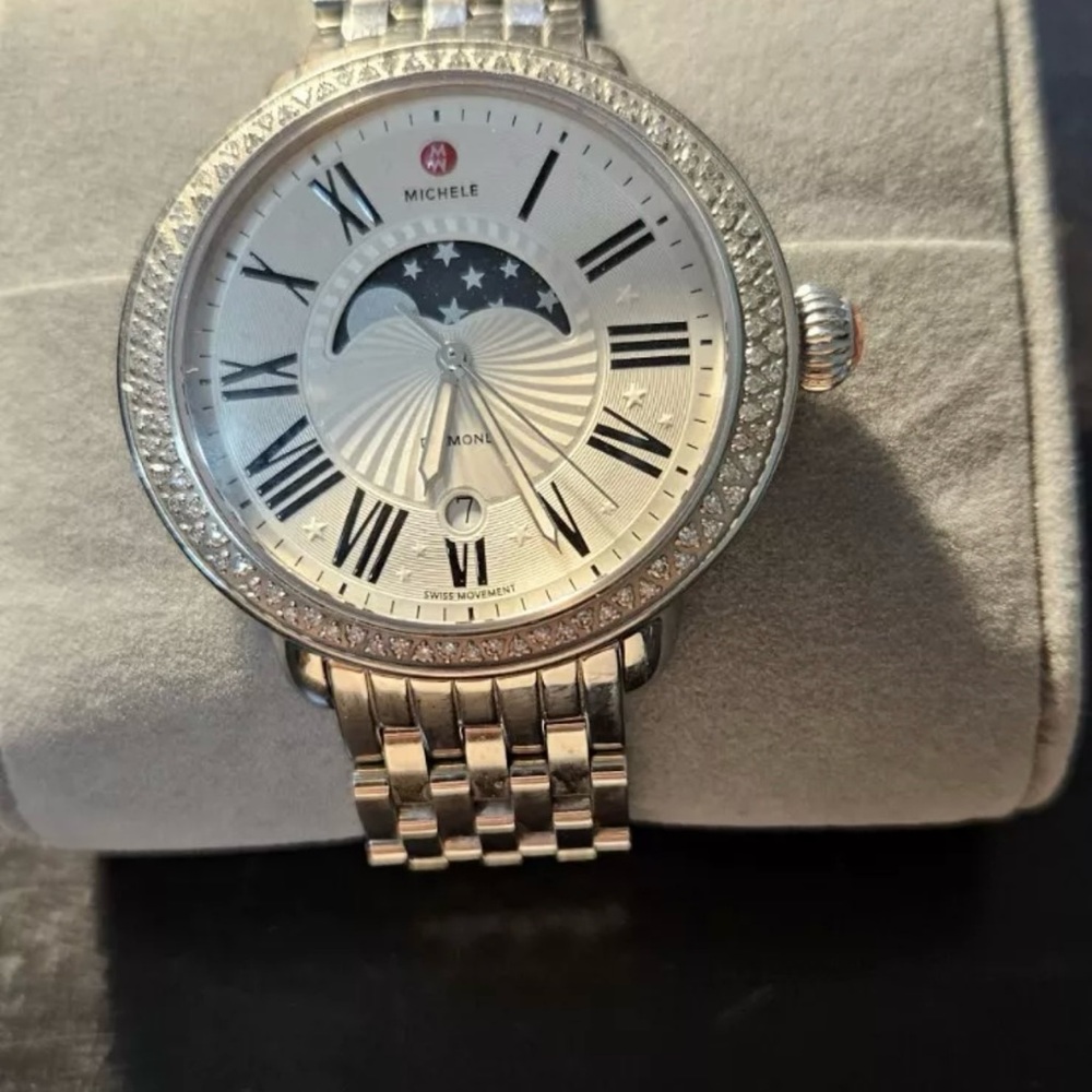 Michele Serein Moon-phase Stainless Steel Ladies 40mm Diamond Bezel Watch